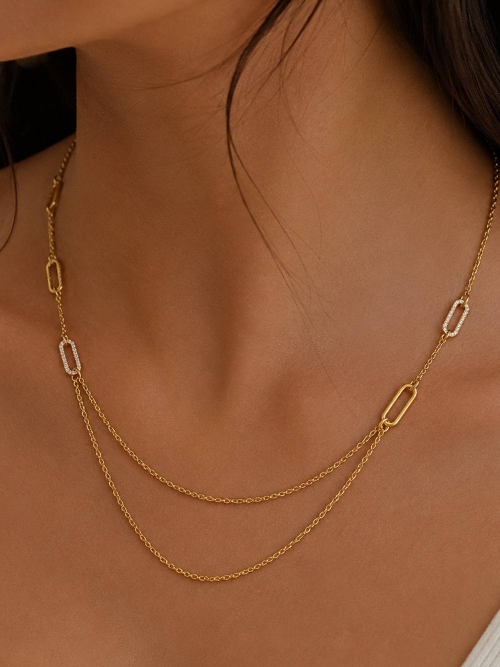 18K Gold Plated Paperclip Link Layered Chain Necklace